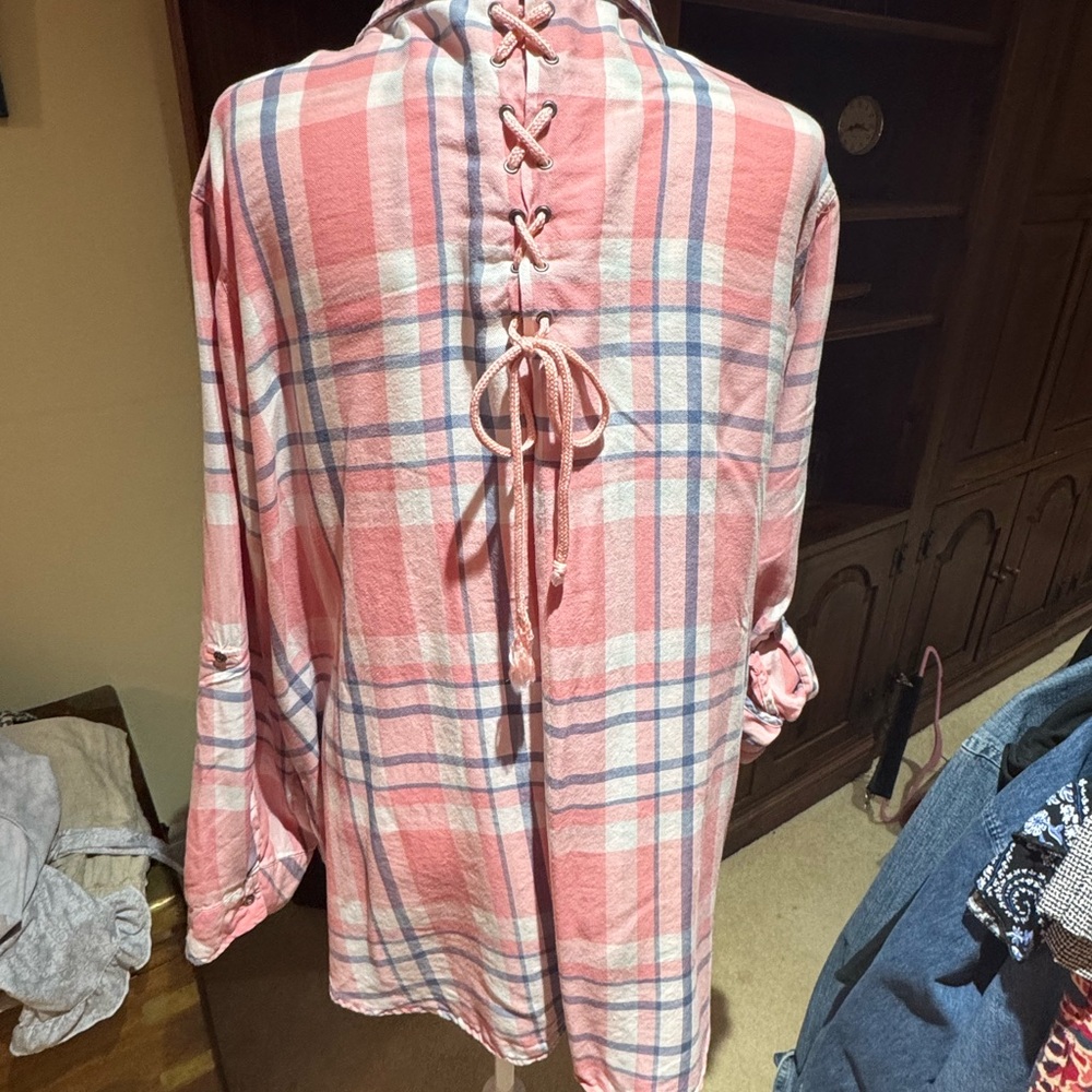 Women’s Pink Plaid Button-Down Shirt with Back Lace-Up Detail